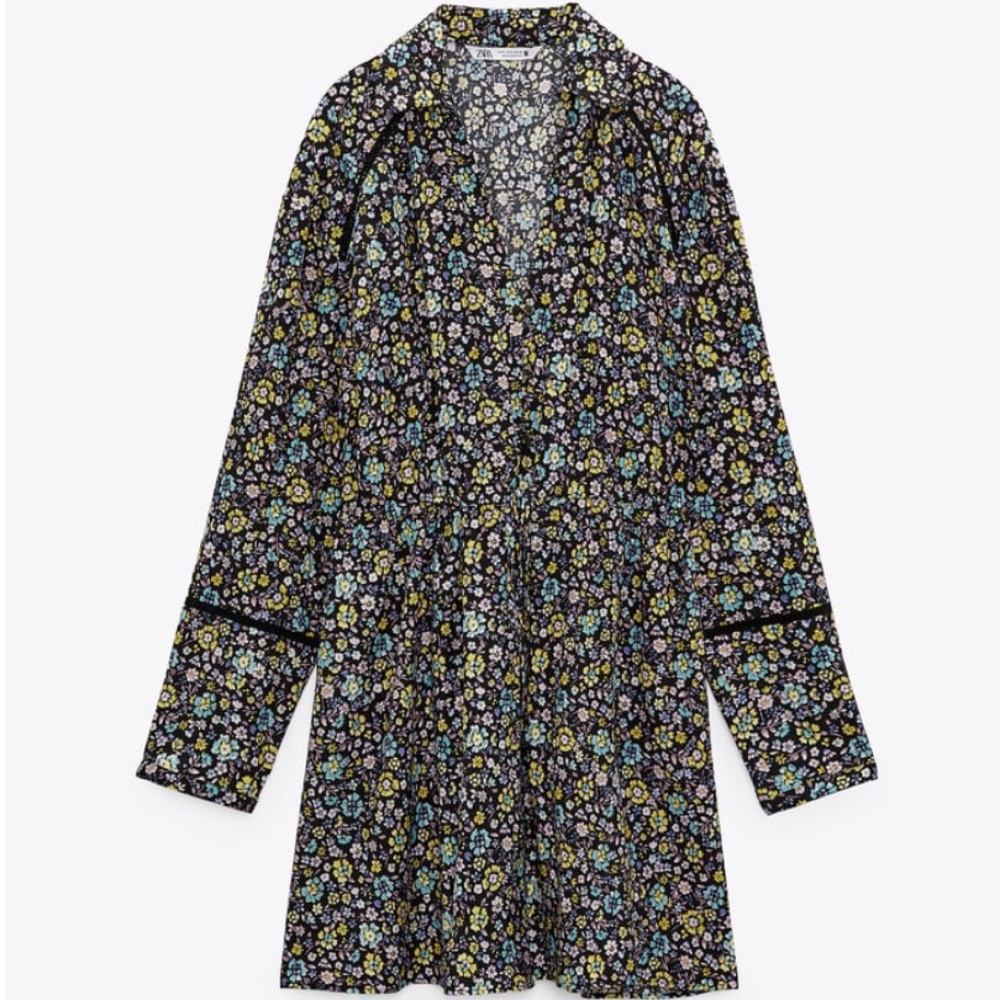 Zara boho colorful ditsy flowers long sleeve shirtdress NWT